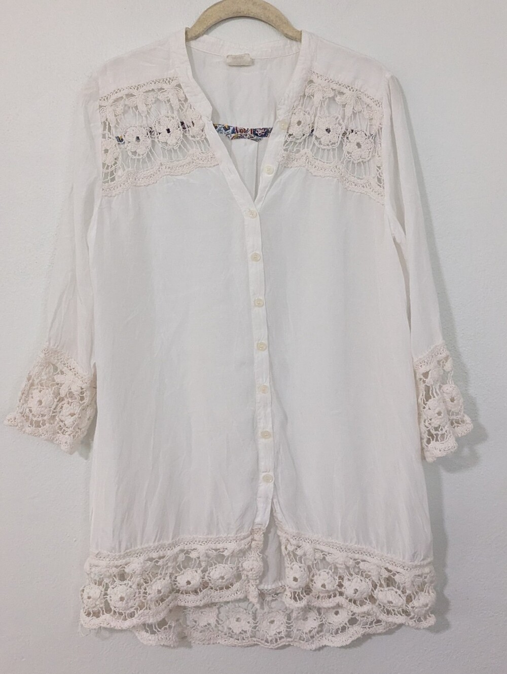 Free People Intimately Crochet Trim Button Front Blouse Split Neck White Small S